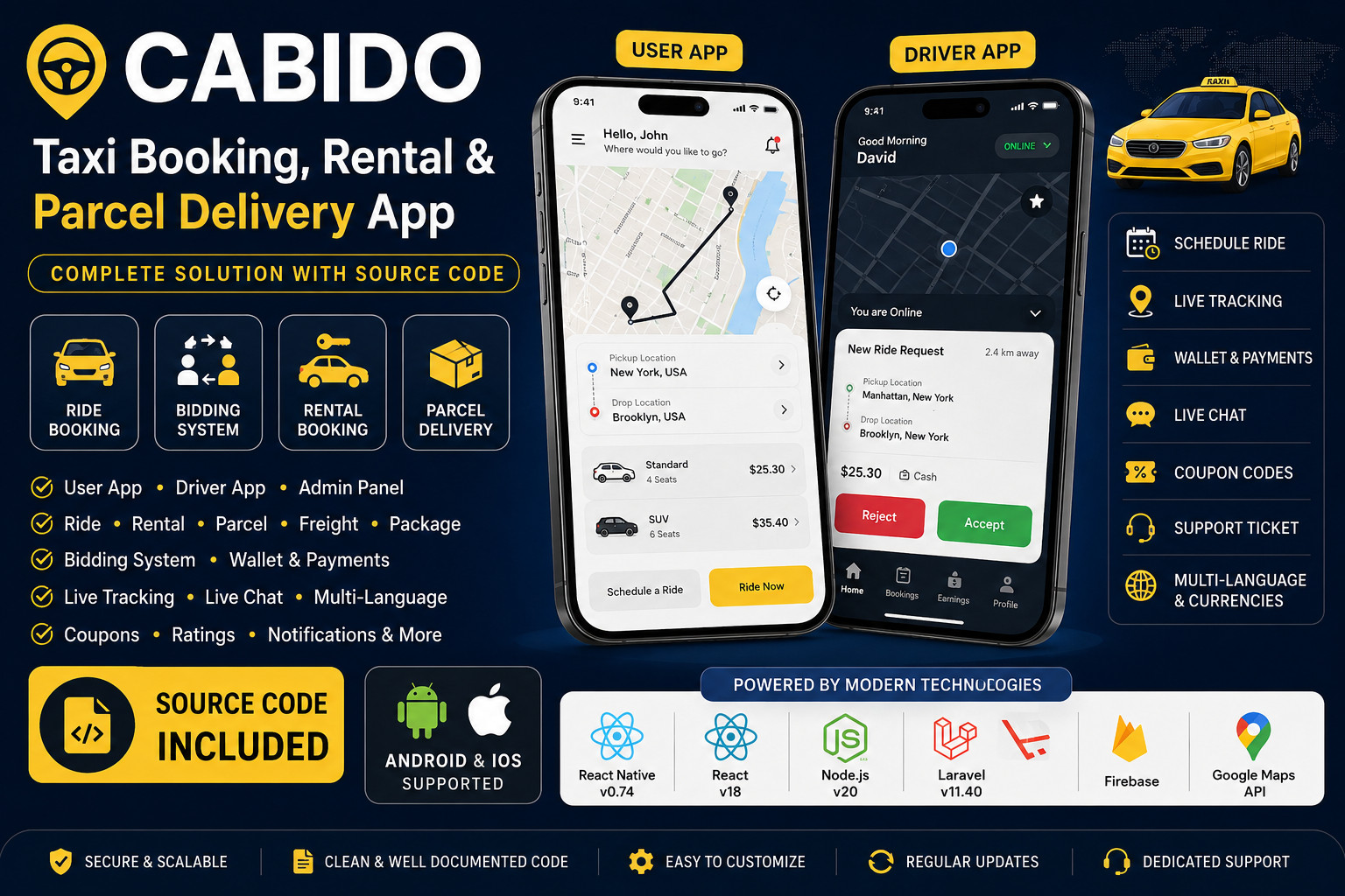Cabido Taxi Booking & Parcel Delivery App | React Native Android + iOS | Laravel