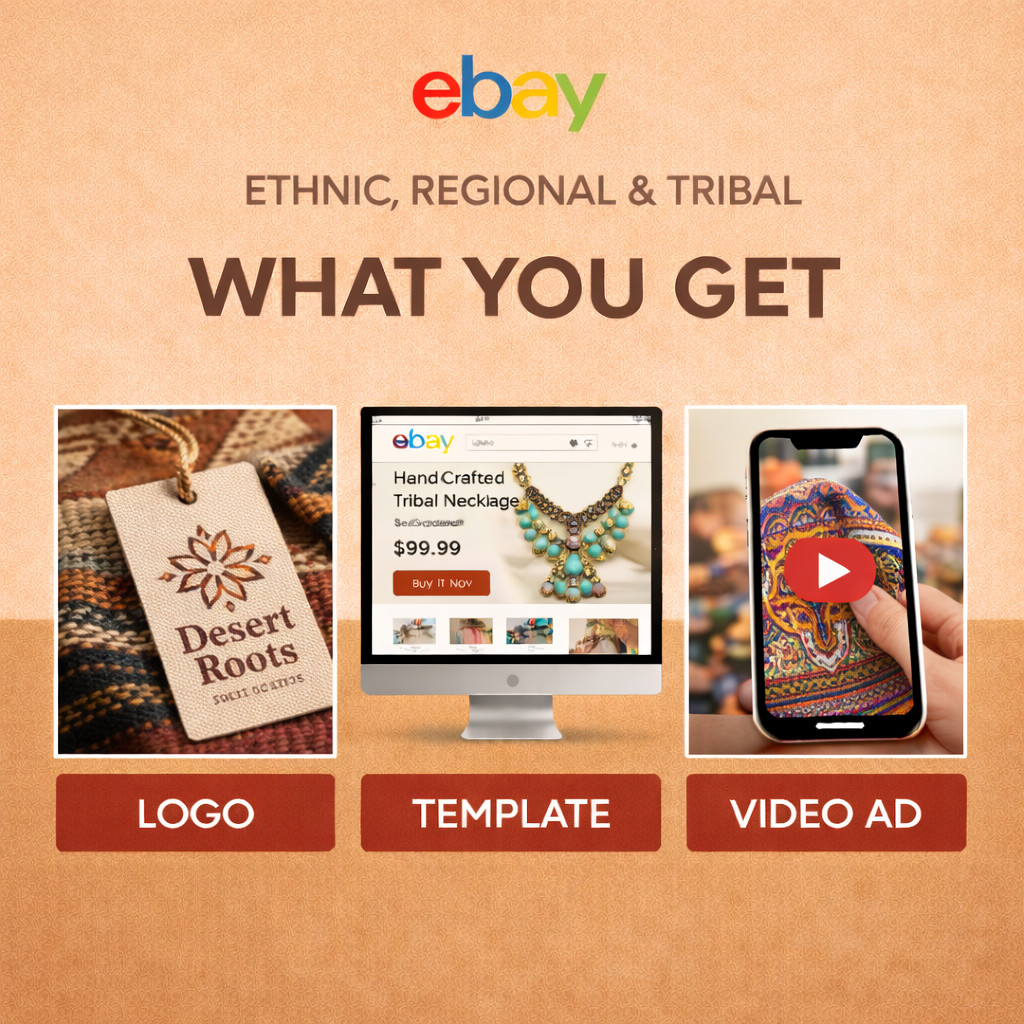 ebay store listing template, logo design and 60 sec video Ethnic Desert Roots