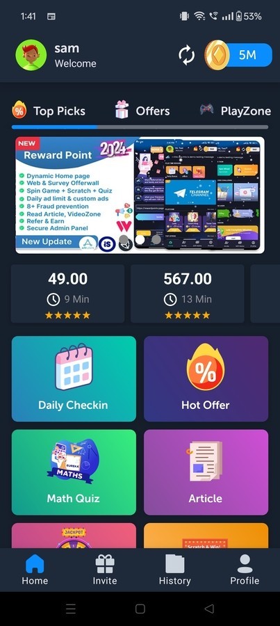 Reward App Lucky Spin + Offerwall + HTML Games | Android App + Admin Panel