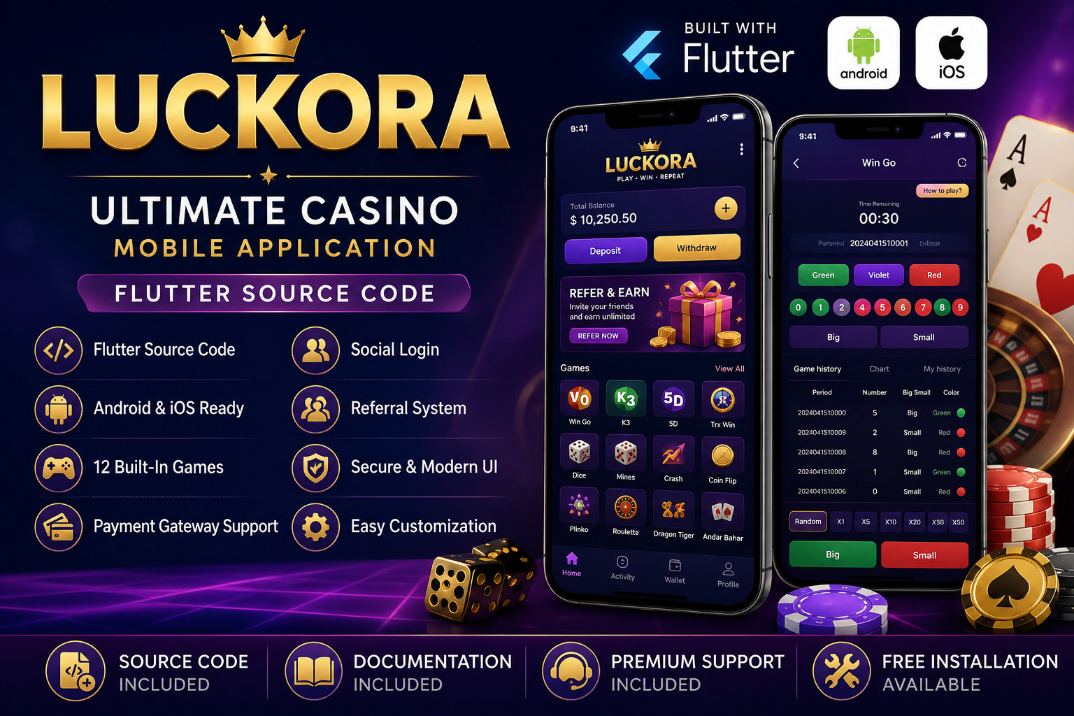 Luckora Flutter Casino Game App | Android & iOS | Full Solution | Laravel Admin