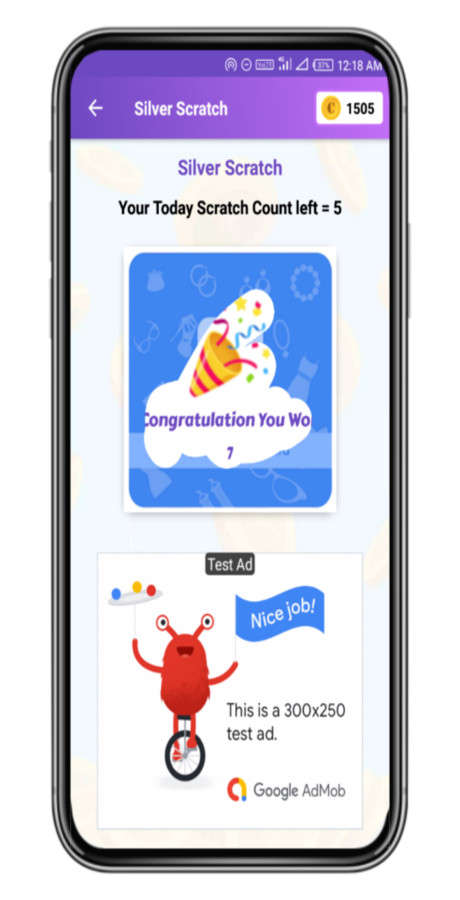 Scratch to Win Android App + Admin | AdMob, FB Bidding, Unity Ads, Start App