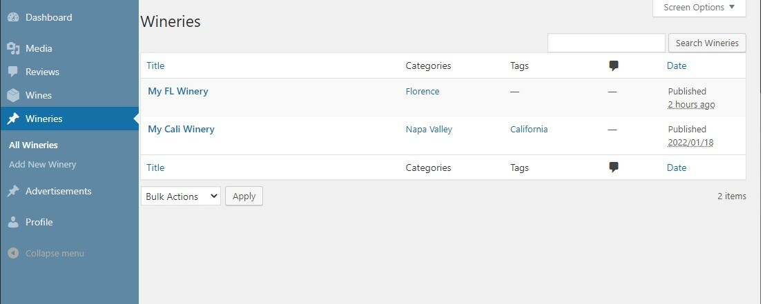 Wines and Wineries Review Board as Web Application with mobile responsive design