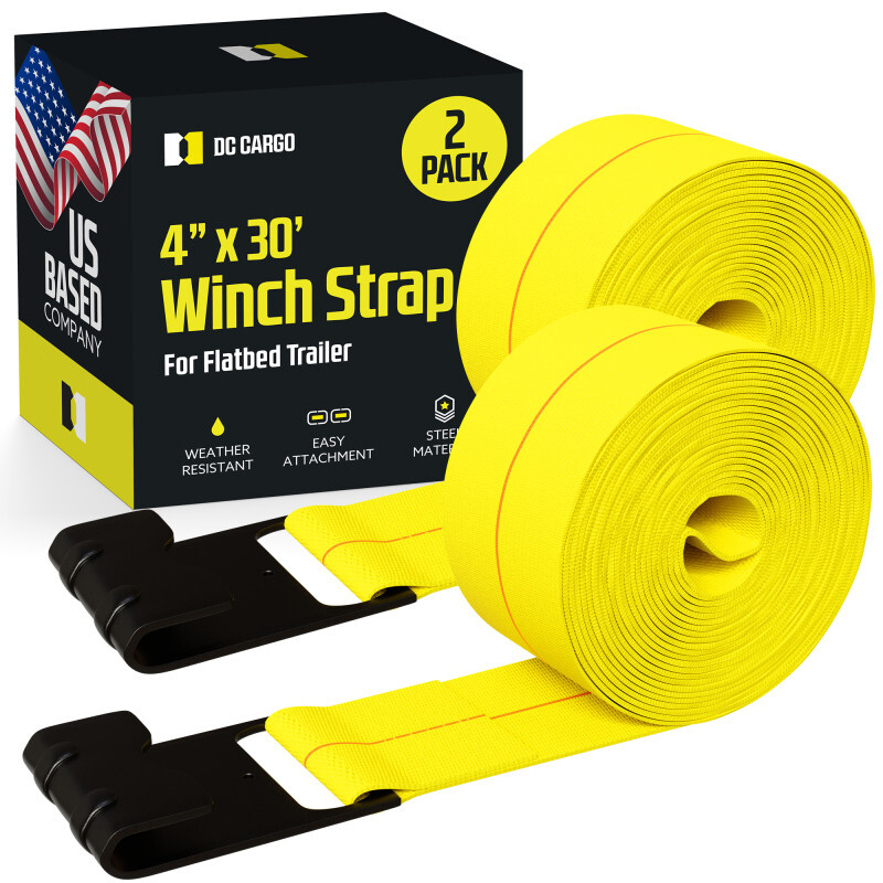 DC Cargo Flatbed Winch Strap with Flat Hook, 4″x30′, 2-pack