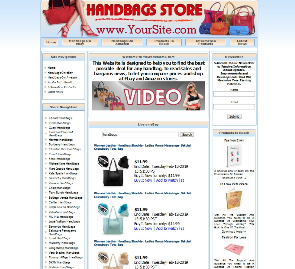 HANDBAGS STORE WEBSITE FOR SALE. AMAZON STORE, ADSENSE INCOME STREAMS