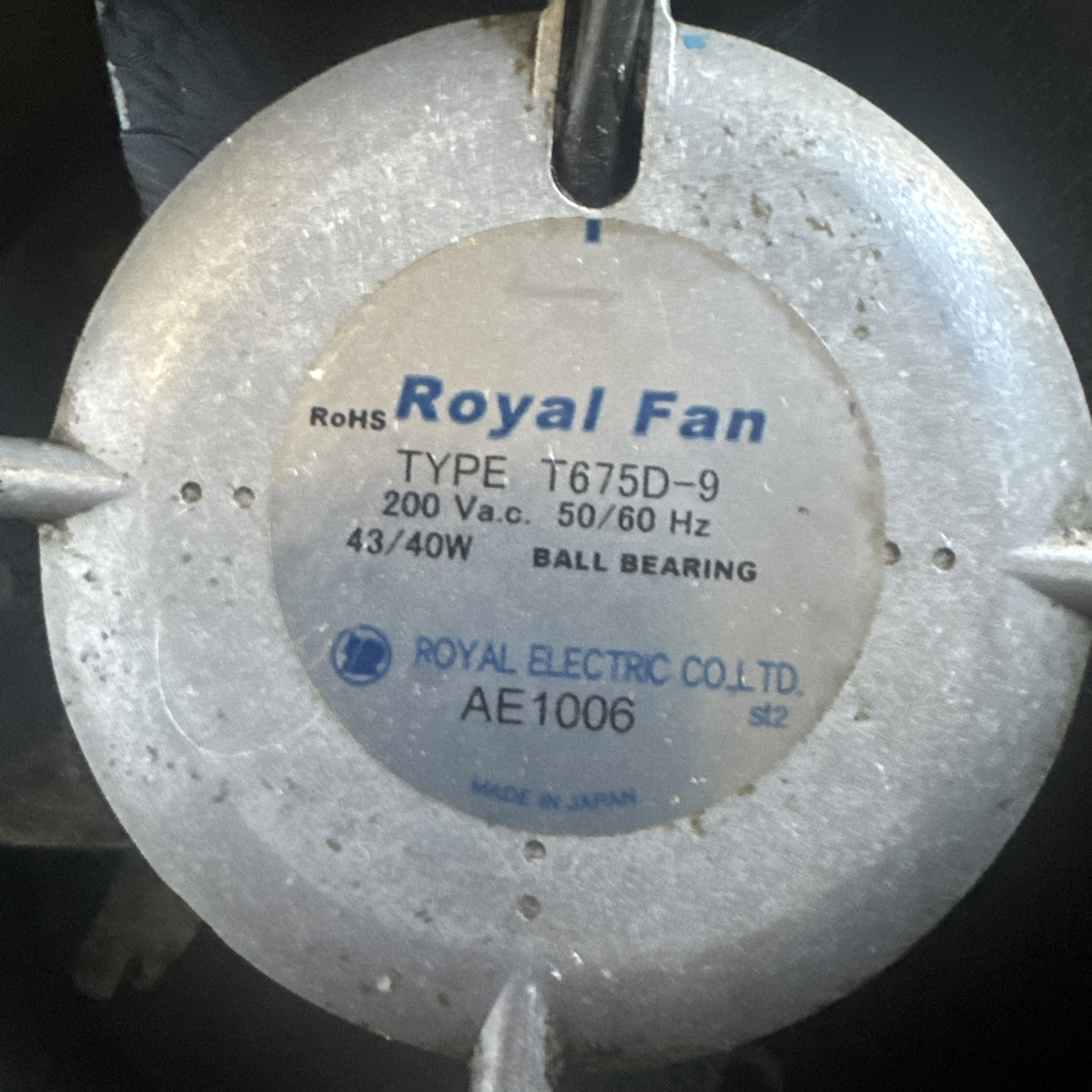 Royal Fan TYPE T675D-9 Aluminum alloy High temperature 200Va.c. 50/60 Hz 43/40W