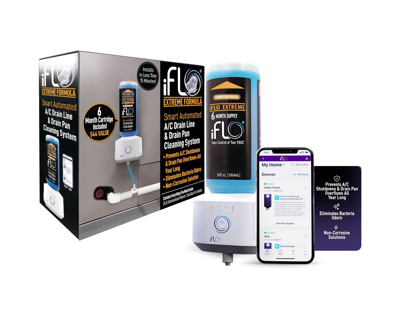 iFLO® Smart A/C Drain Line and Drain Pan Cleaner for HVAC System, Clog-Free