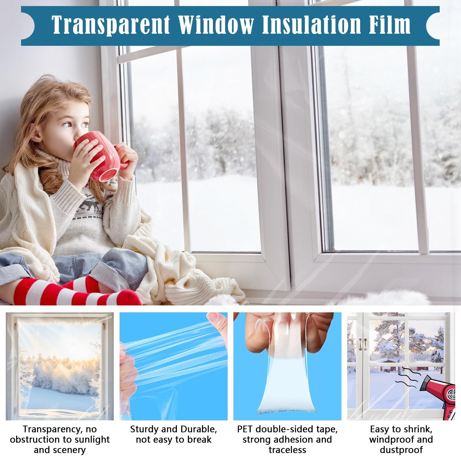 Window Insulation Kit, 63 × 394″ and 87 × 110″Plastic Window Coverings