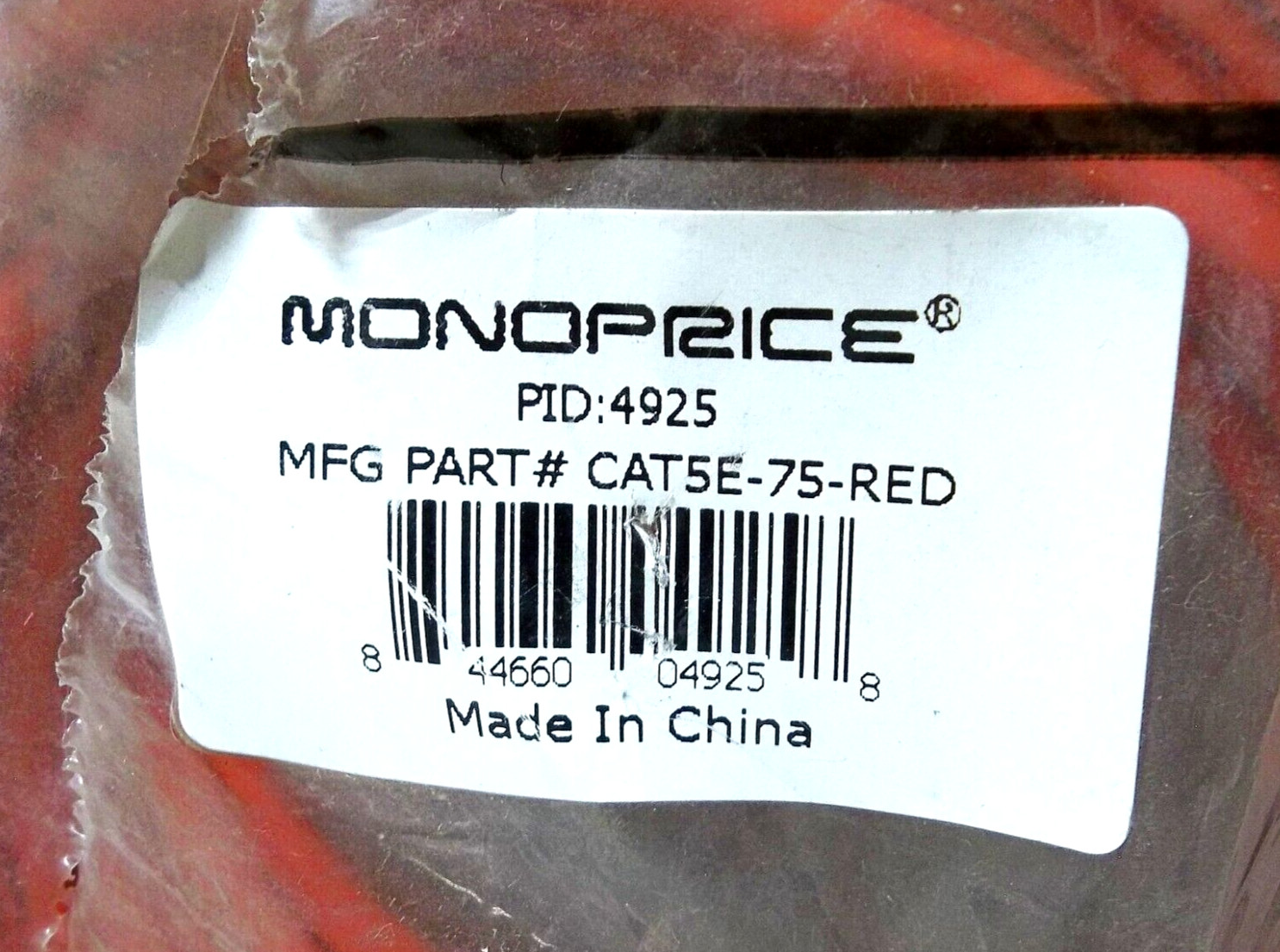 NEW MONOPRICE 4925 CAT5E-75-RED BARE COPPER ETHERNET NETWORK CABLE 350MHz 75FT