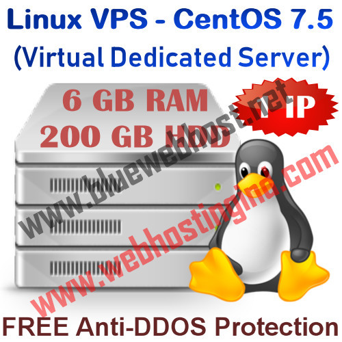 Linux VPS – CentOS 7.5 (Virtual Dedicated Server) 6GB RAM + 200GB HDD