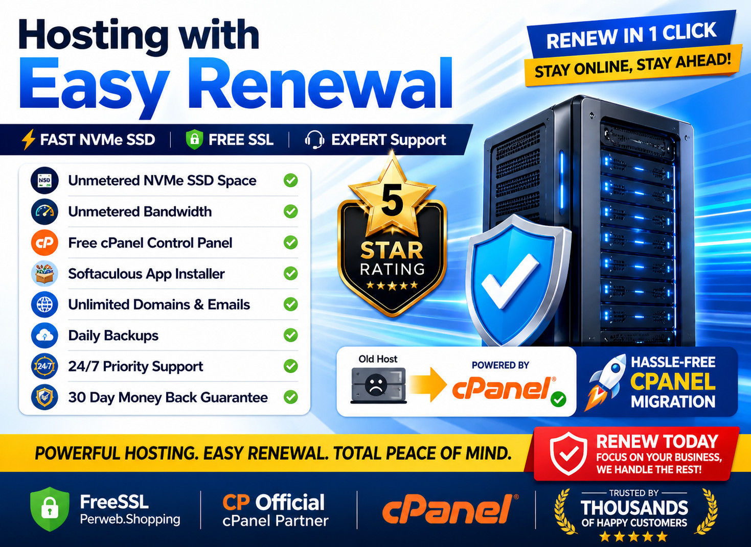 Hosting with Easy Renewal – 🔁Unlimited SSD, SSL, Fast Speed | Only $14.99/Year!