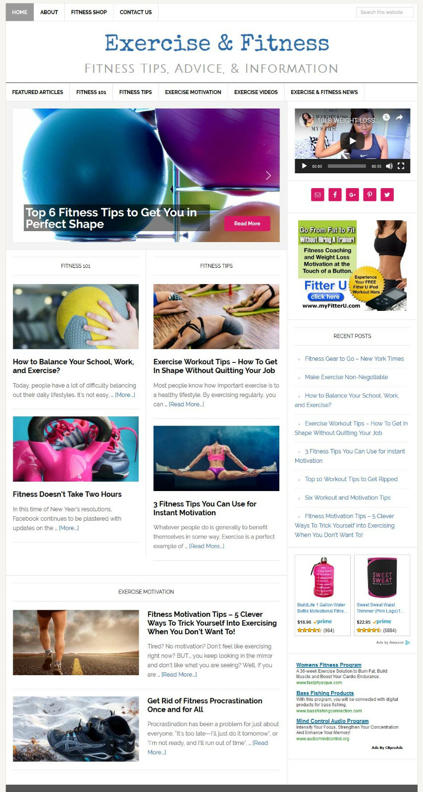 * EXERCISE & FITNESS TIPS * affiliate website for sale w/ DAILY AUTO CONTENT