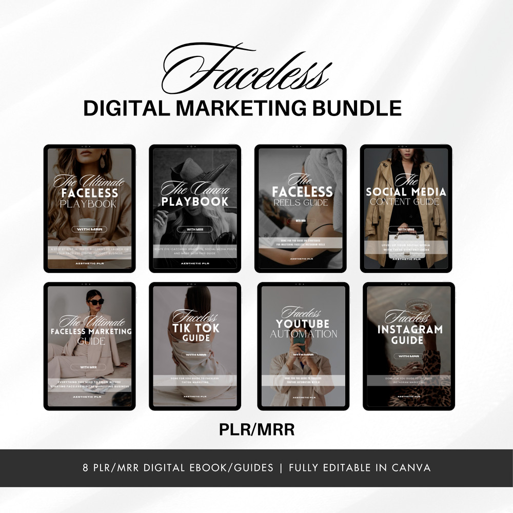 Faceless Digital Marketing Bundle with PLR & MRR | 8 Editable Canva Templates |