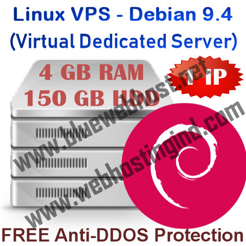 Linux VPS – Debian 9.4 (Virtual Dedicated Server) 4GB RAM + 150GB HDD