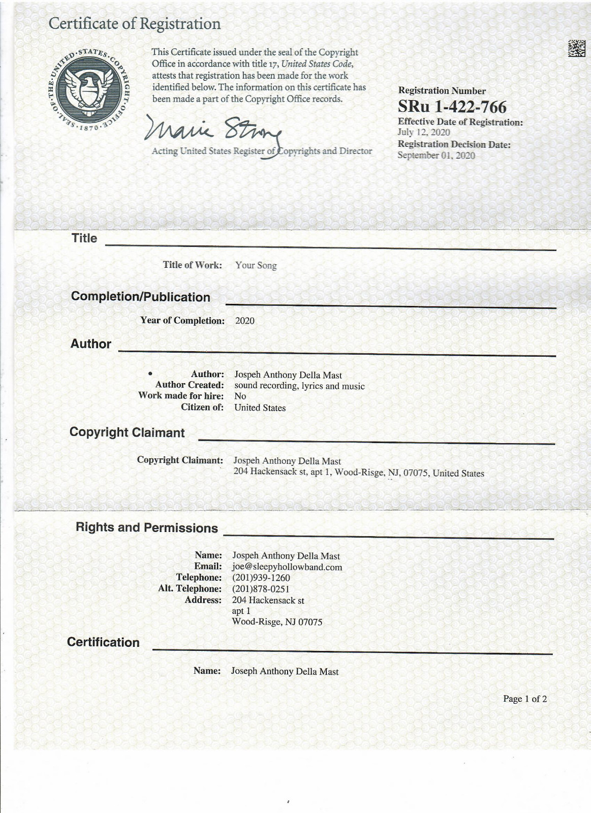 Sleepy Hollow Spectrum Green Joe Dell Goin Over Copyright all rights book music