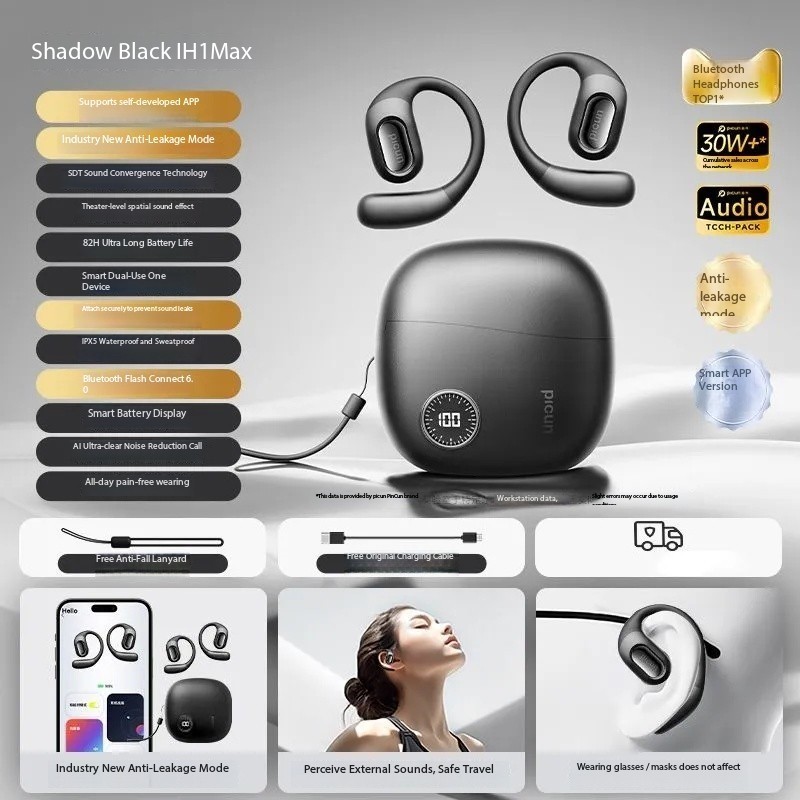 Pincun H1 Max Bluetooth Earphones, Bone Conduction, Over-Ear, Wireless, Open-Ear