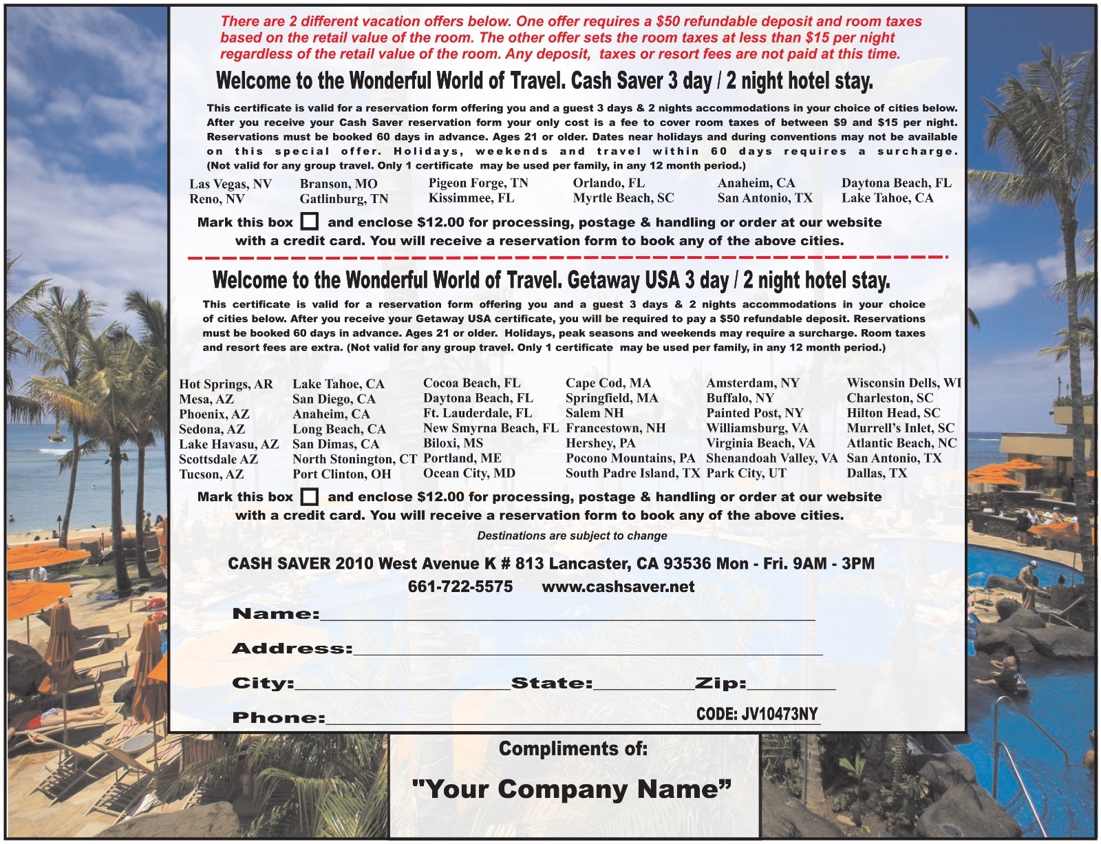 Get UNLIMITED NEW CUSTOMERS giving away 3 Day 2 Night Stay Vacation Certificates