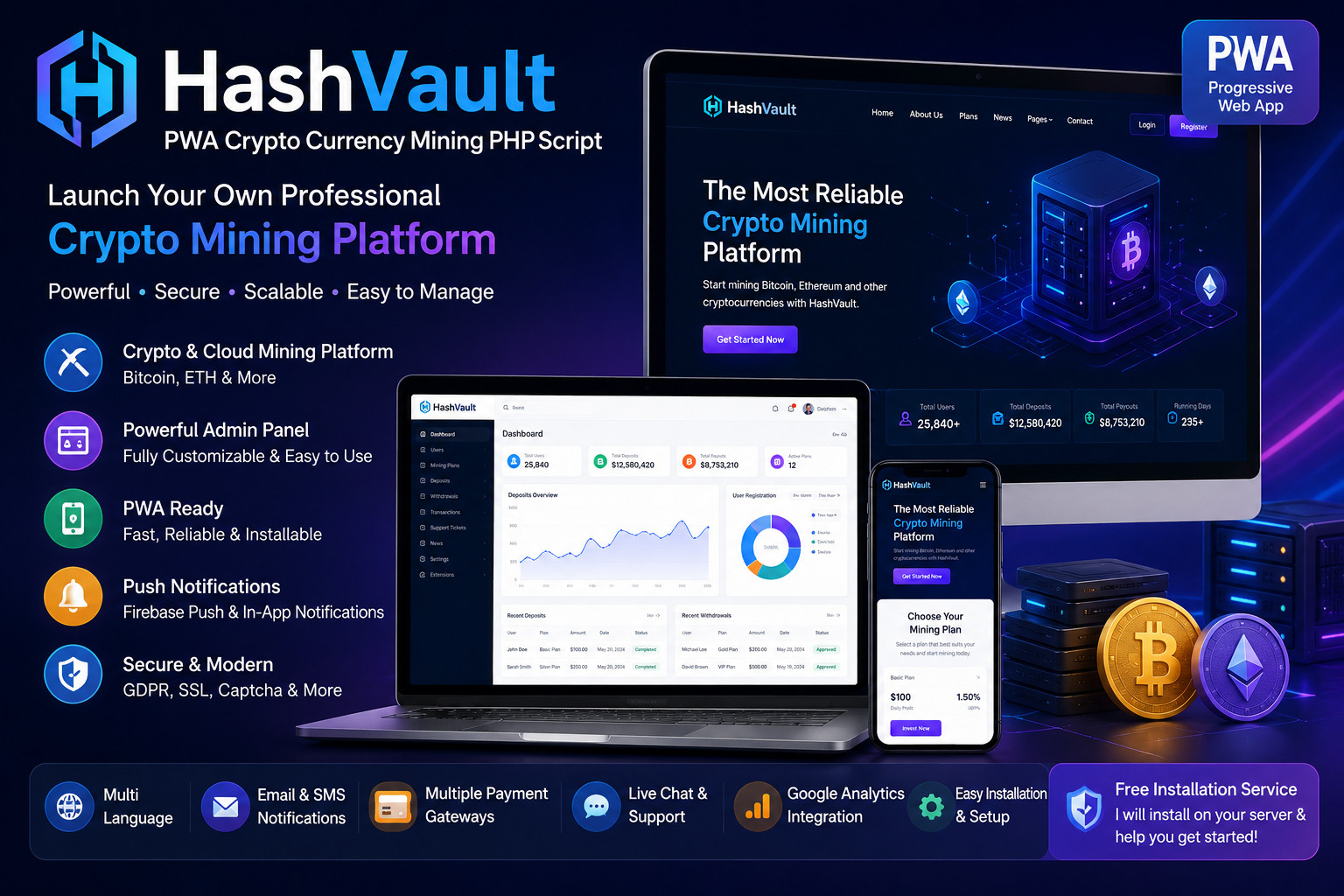 HashVault – PWA Crypto Mining Platform | Cloud Mining Website | Crypto Business