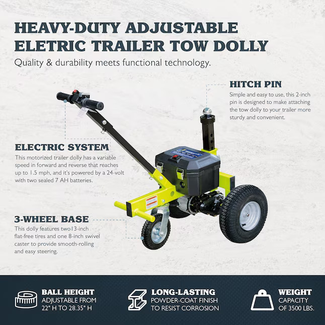 Tow Tuff TMD-35ETD8 Adjustable 3500 Lbs Capacity Electric Trailer Dolly Green