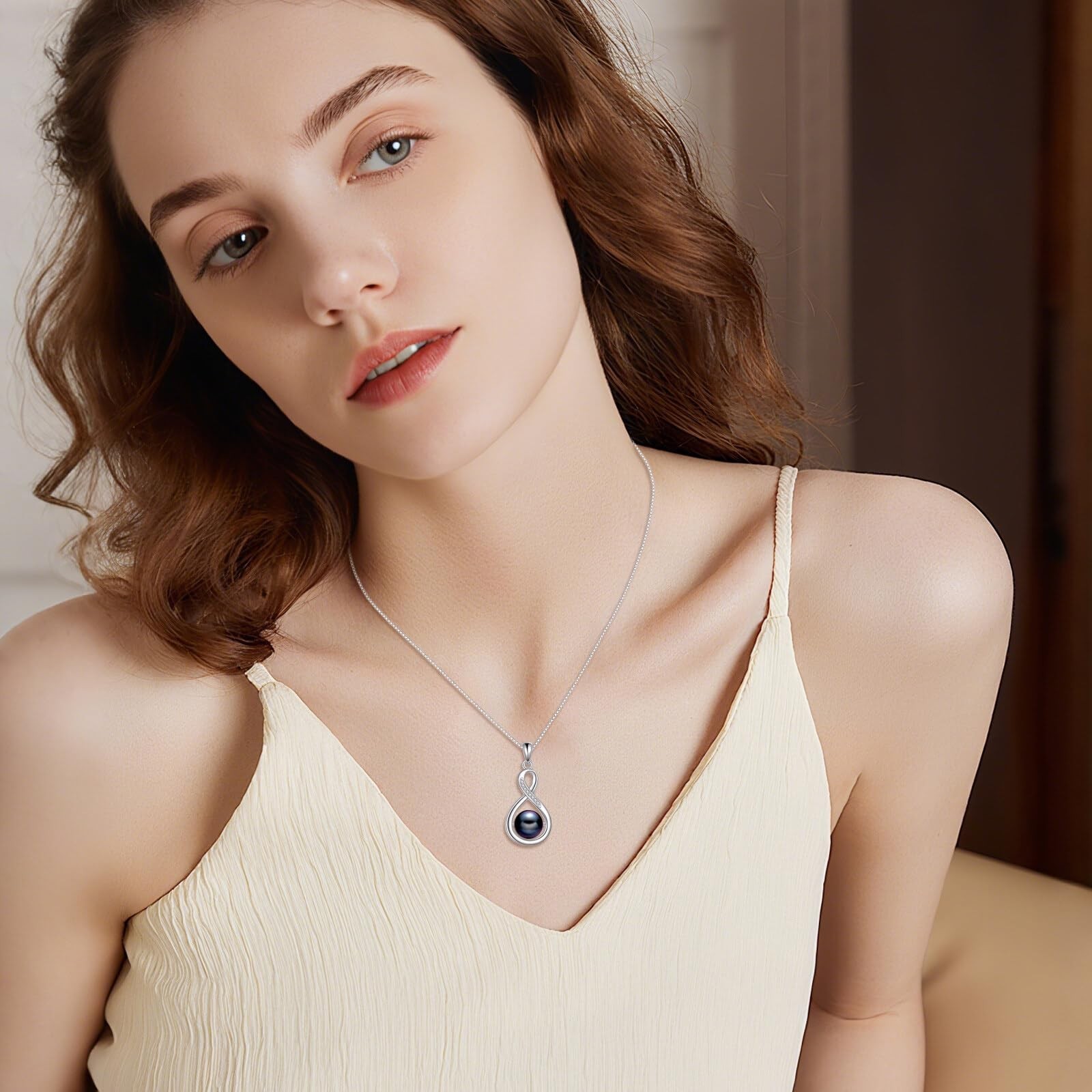 s925 8-10mm Freshwater Cultured Black Pearl Necklace, 18k White Gold Plated S…