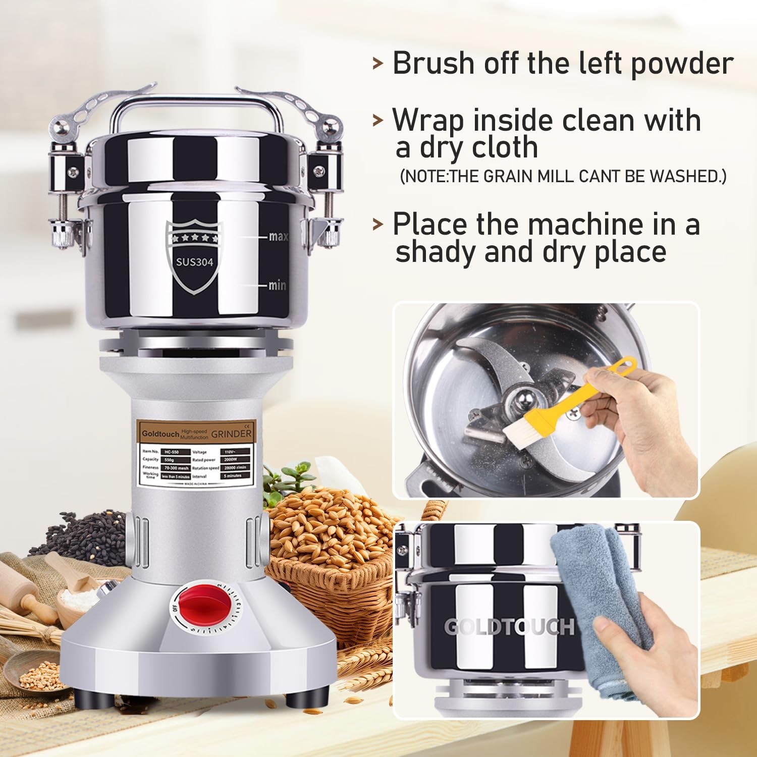 Goldtouch 550g Grain Mill Grinder 2000W Electric Stainless Steel Grain Grinde…