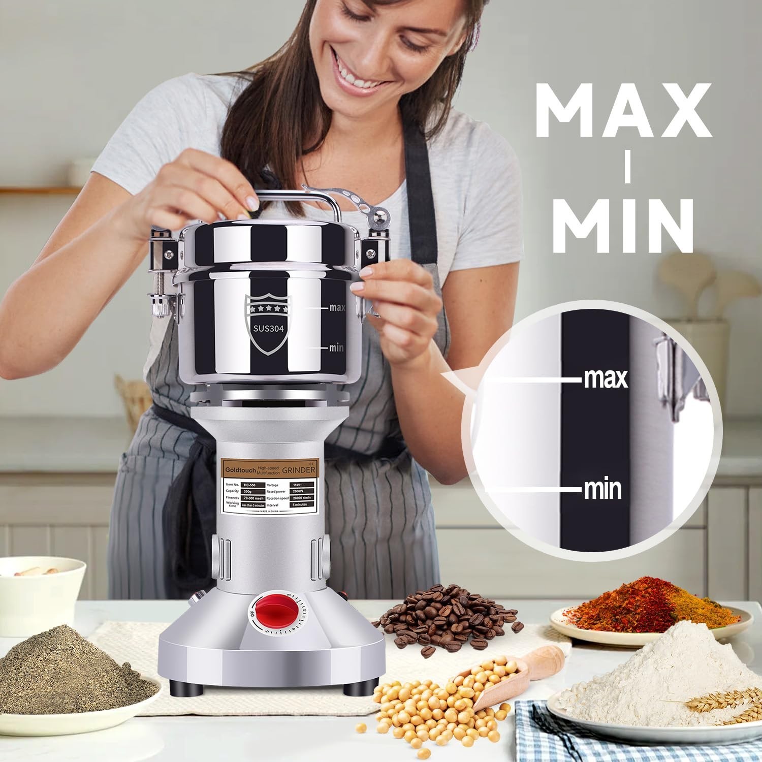 Goldtouch 550g Grain Mill Grinder 2000W Electric Stainless Steel Grain Grinde…