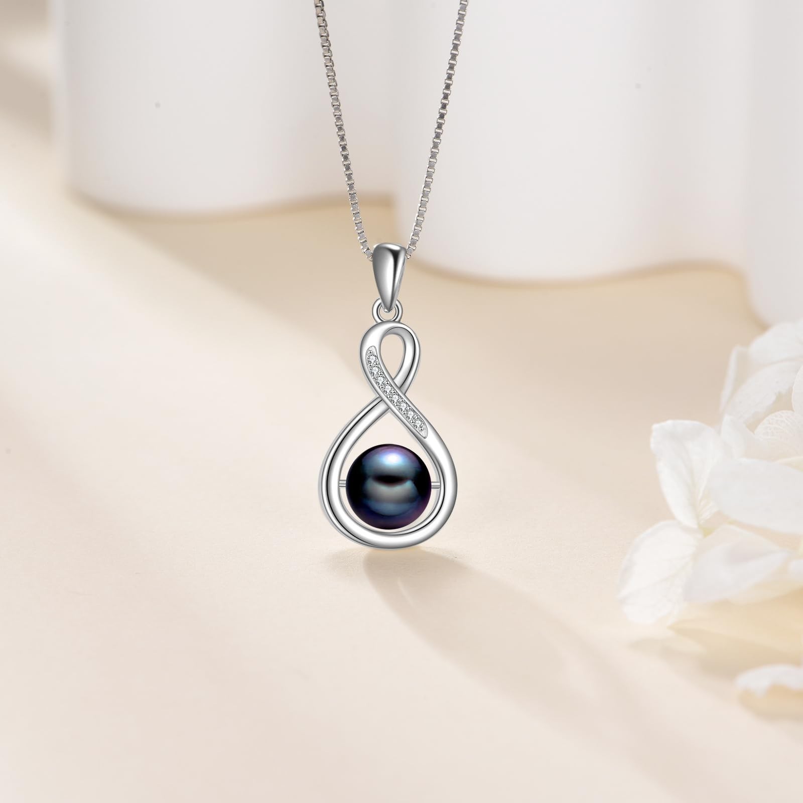 s925 8-10mm Freshwater Cultured Black Pearl Necklace, 18k White Gold Plated S…