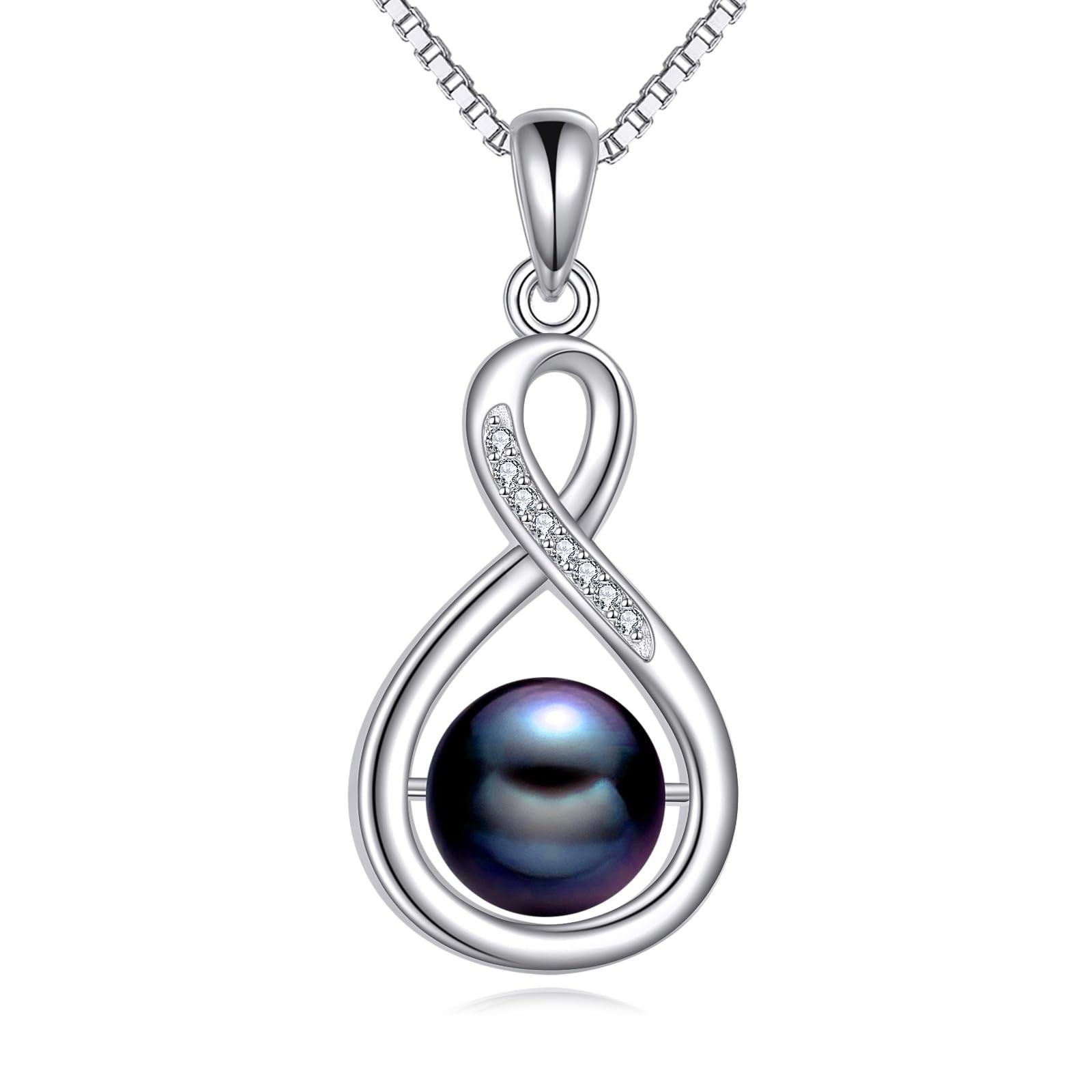 s925 8-10mm Freshwater Cultured Black Pearl Necklace, 18k White Gold Plated S…