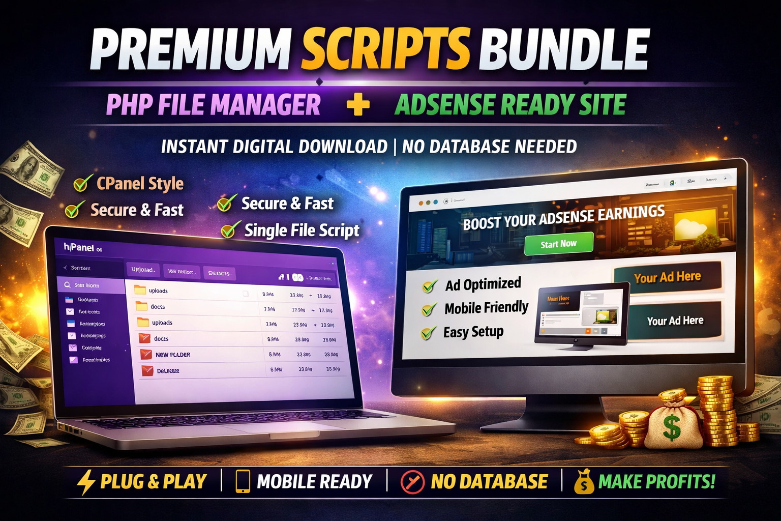 Premium PHP File Manager + AdSense Ready Website | Digital Download | No Databas