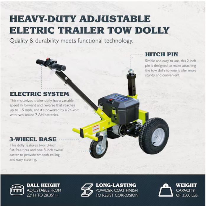 Tow Tuff TMD-35ETD8 Adjustable 3500 Lbs Capacity Electric Trailer Dolly Green