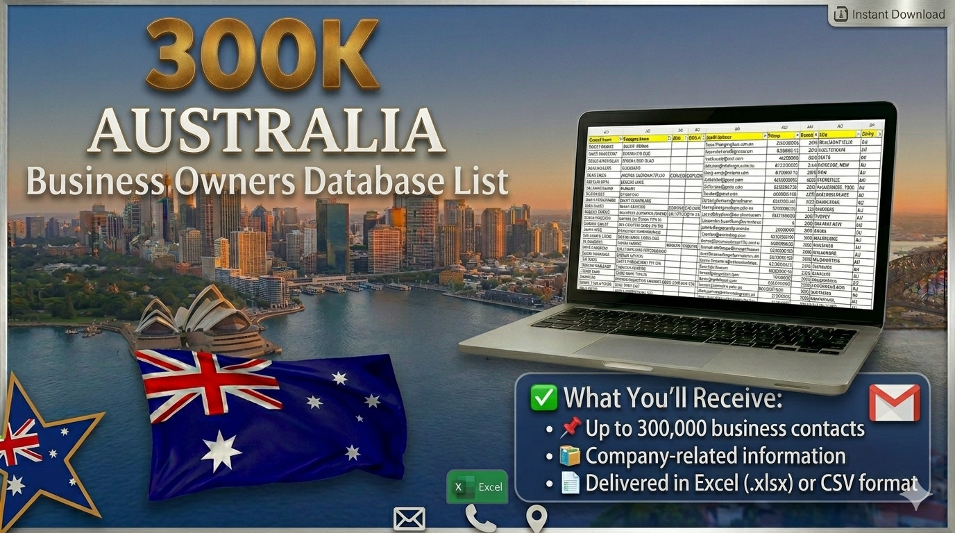300K AUSTRALIA Business Email DATABASE– B2B Contacts Leads – Instant Download
