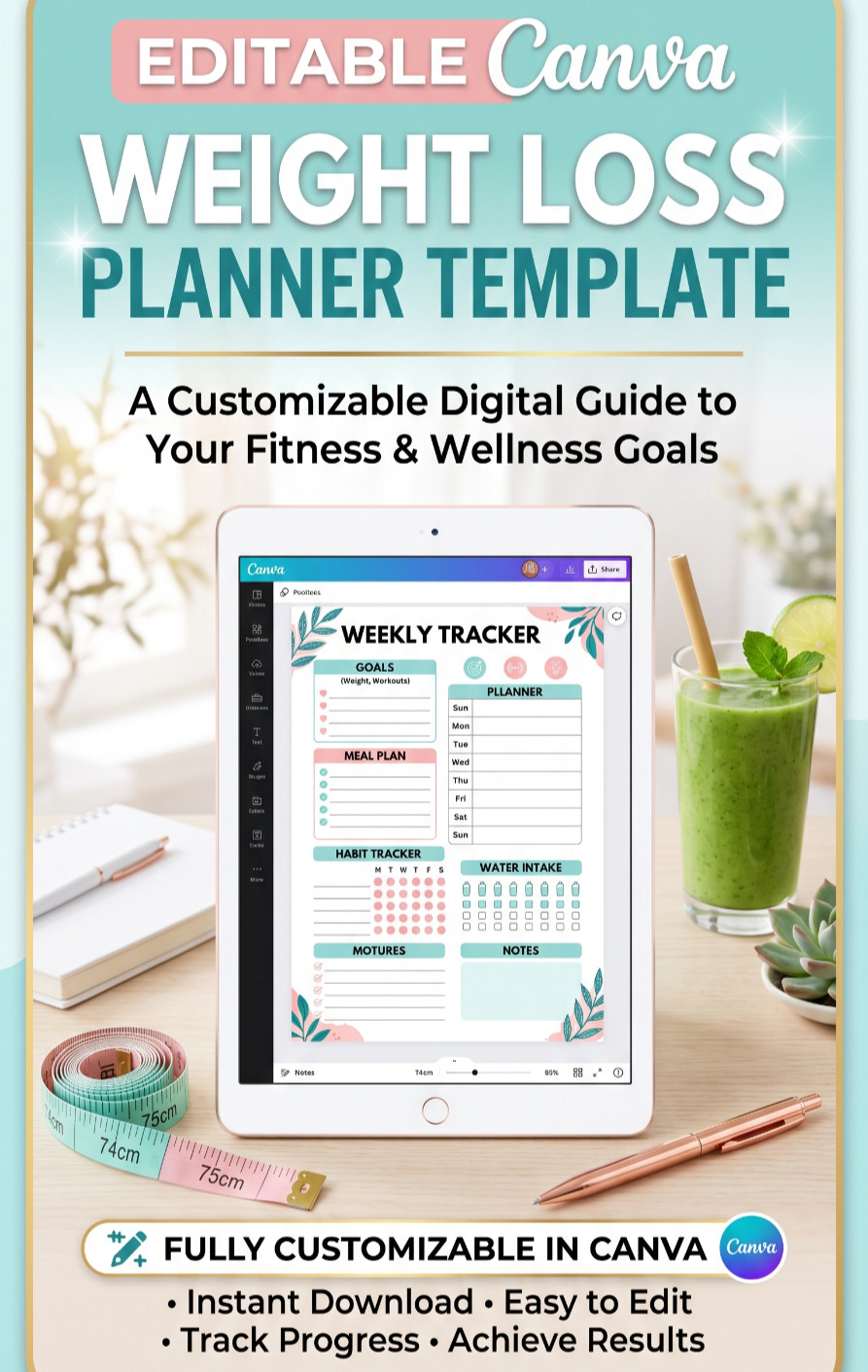 Weight Loss Planner Template Editable Printable Diet Workout Journal 2026