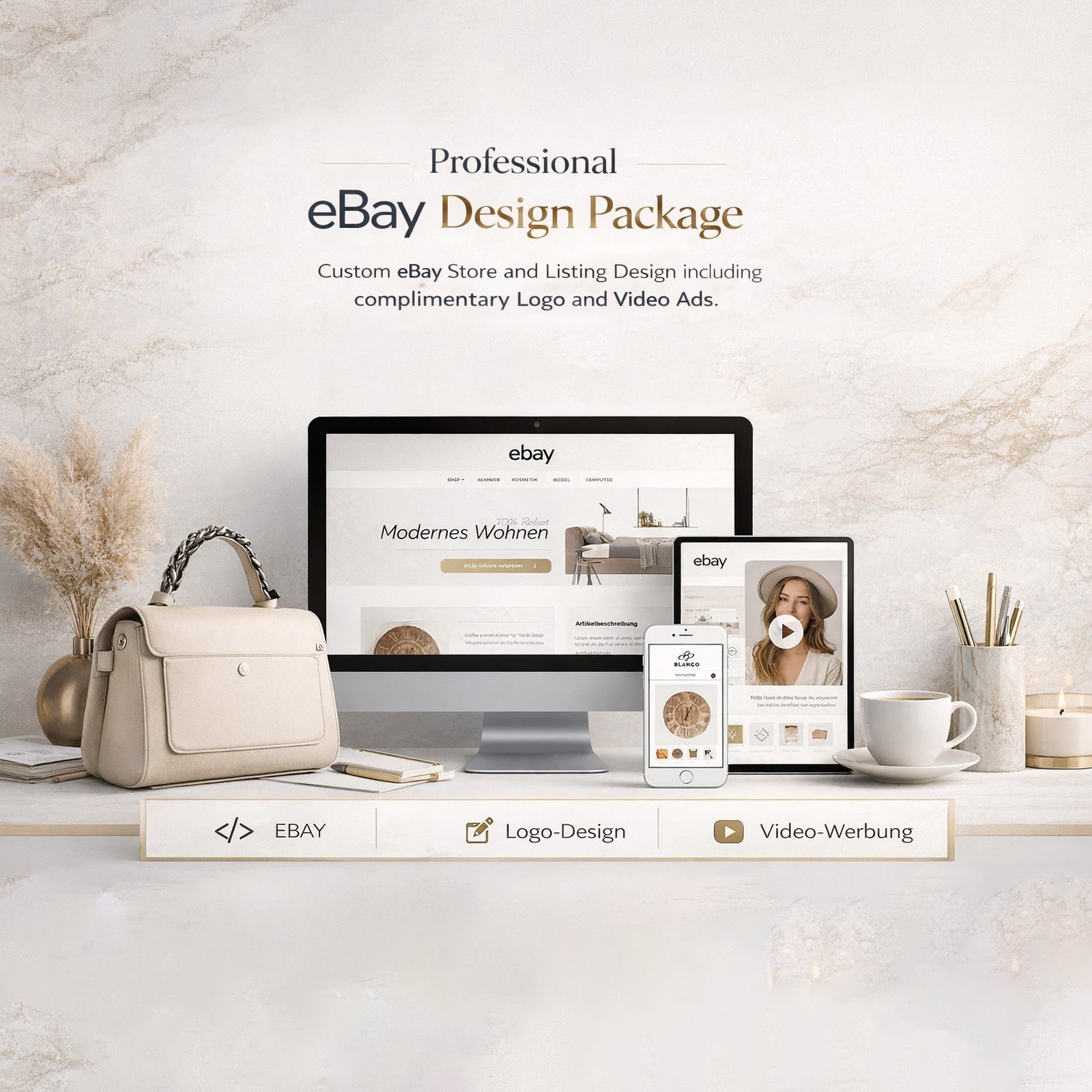 Minimal ebay store template, free logo design and 60 sec video ad for ebay store