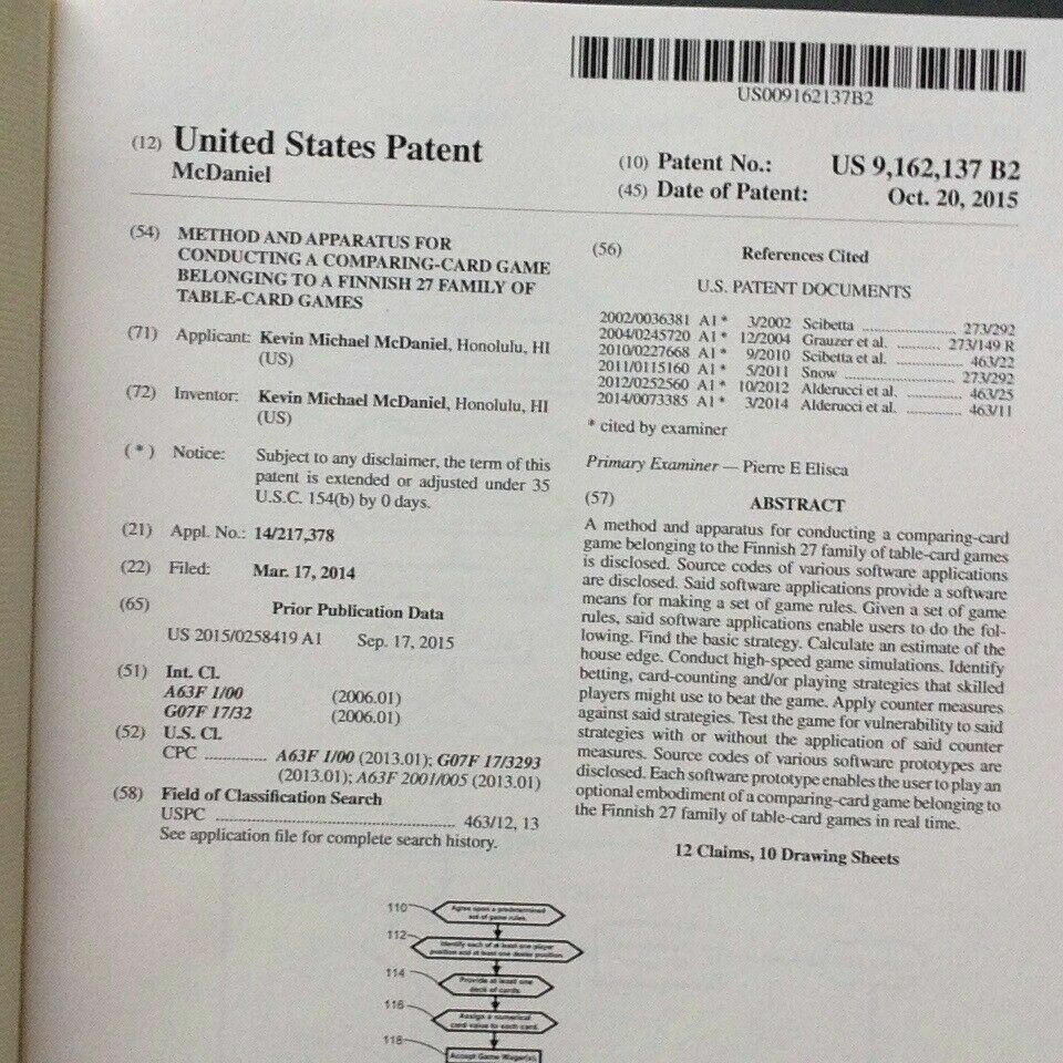 US Patent 9162137B2 issued for invention of a new family of casino-card games