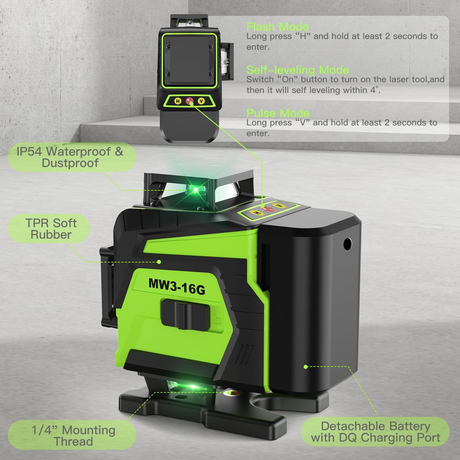 16 Line Laser Level 360 Self Leveling, 4×360°Professional 4D Green … Fast