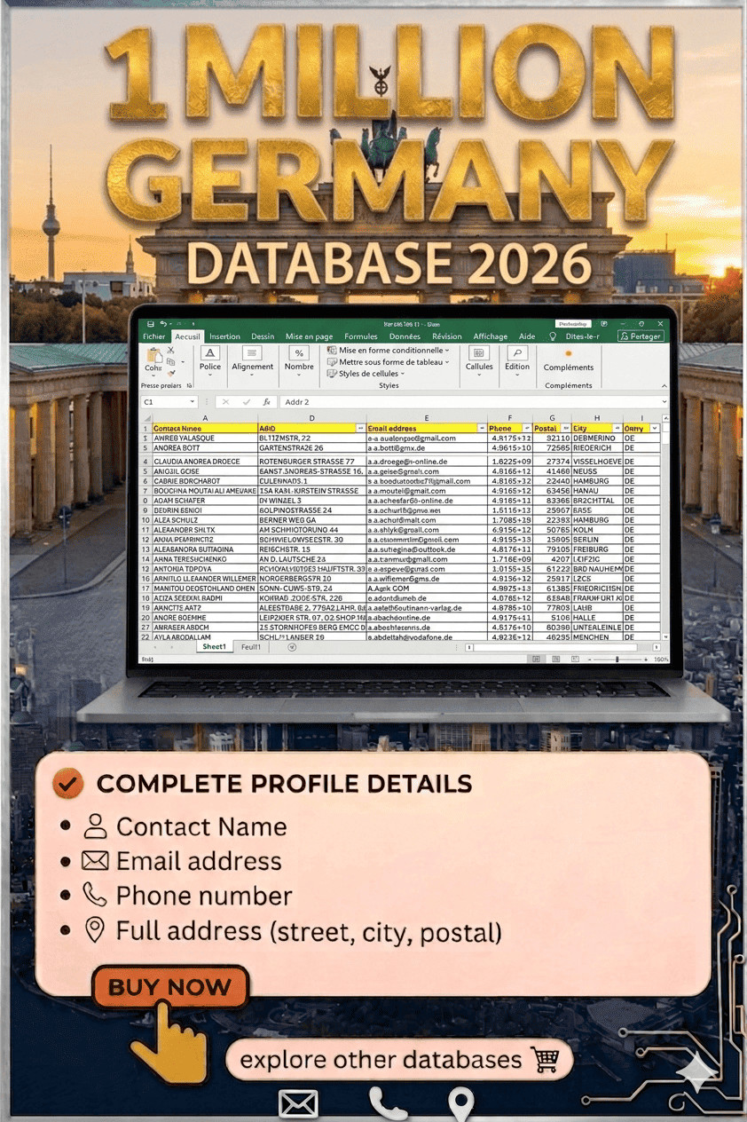 1 MILLION Germany Customers Email Database – B2C Contact leads -Digital Download