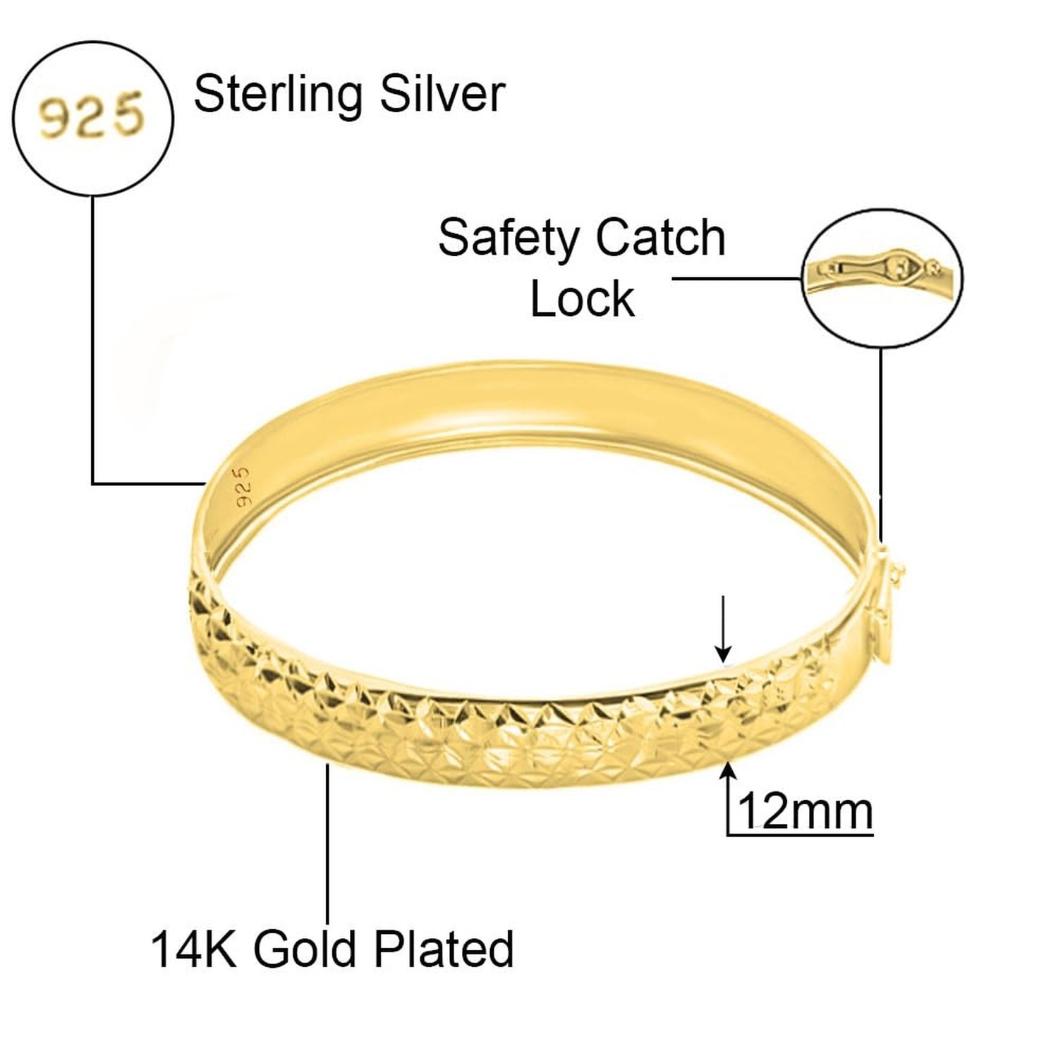 Savlano 925 Sterling Silver 12MM Diamond Cut Bangle Bracelet – 14K Gold Plate…
