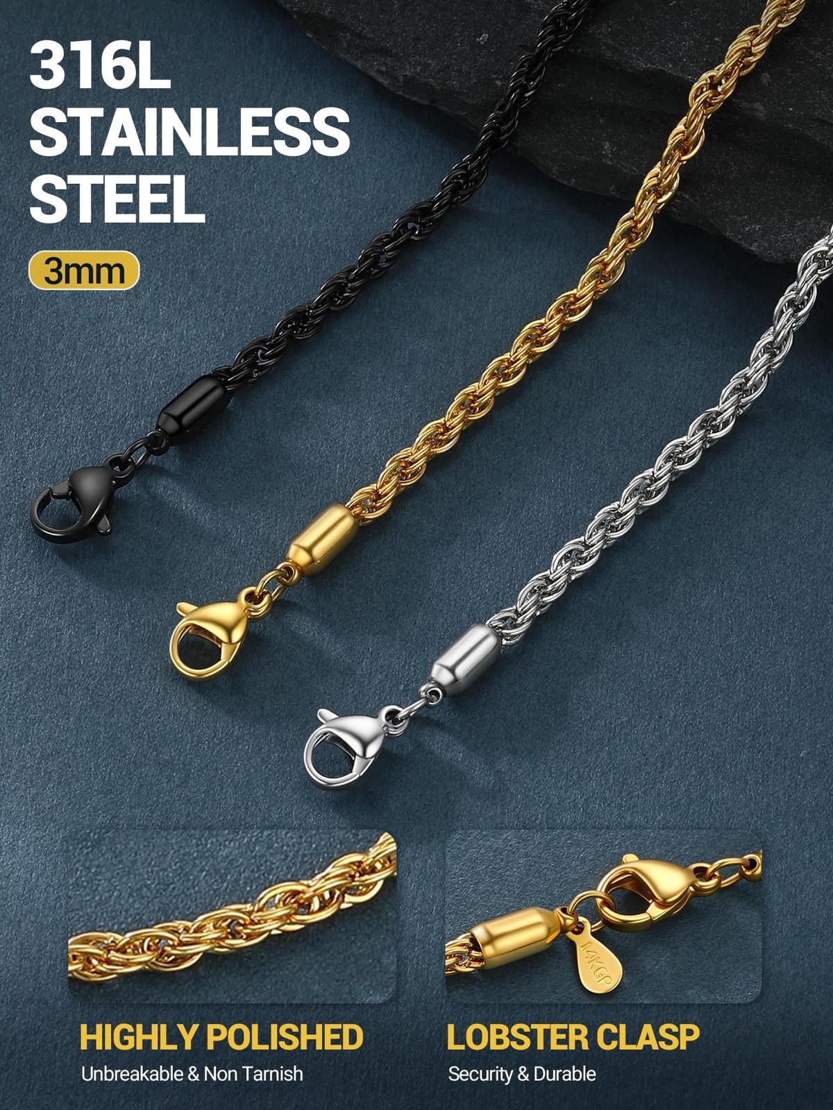 PROSTEEL 3mm/6mm Rope Chain Necklace for Men, Black/Gold Plated Mens Chain Ne…