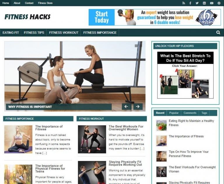 Fitness Hacks Ready Made Blog Turnkey Niche Website Business + Customizations