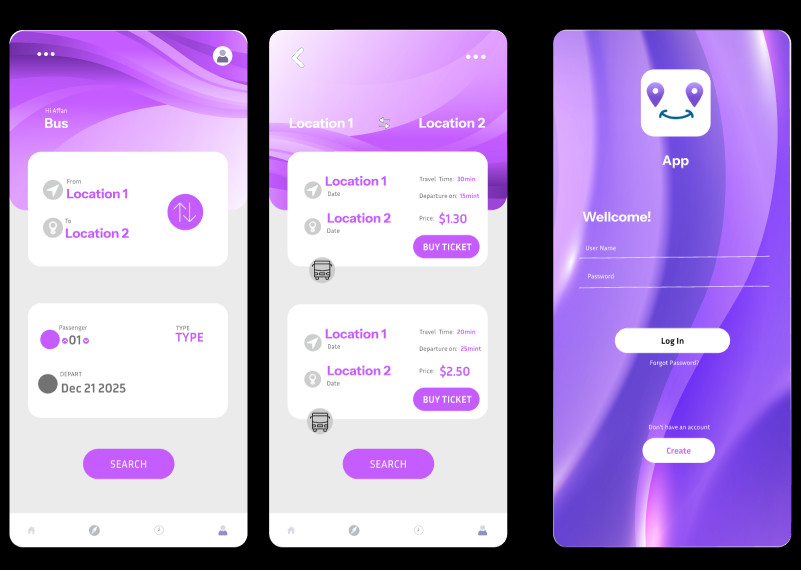 Bus Ticket App UI Template | Mobile Travel Booking Design | Modern Purple Layout