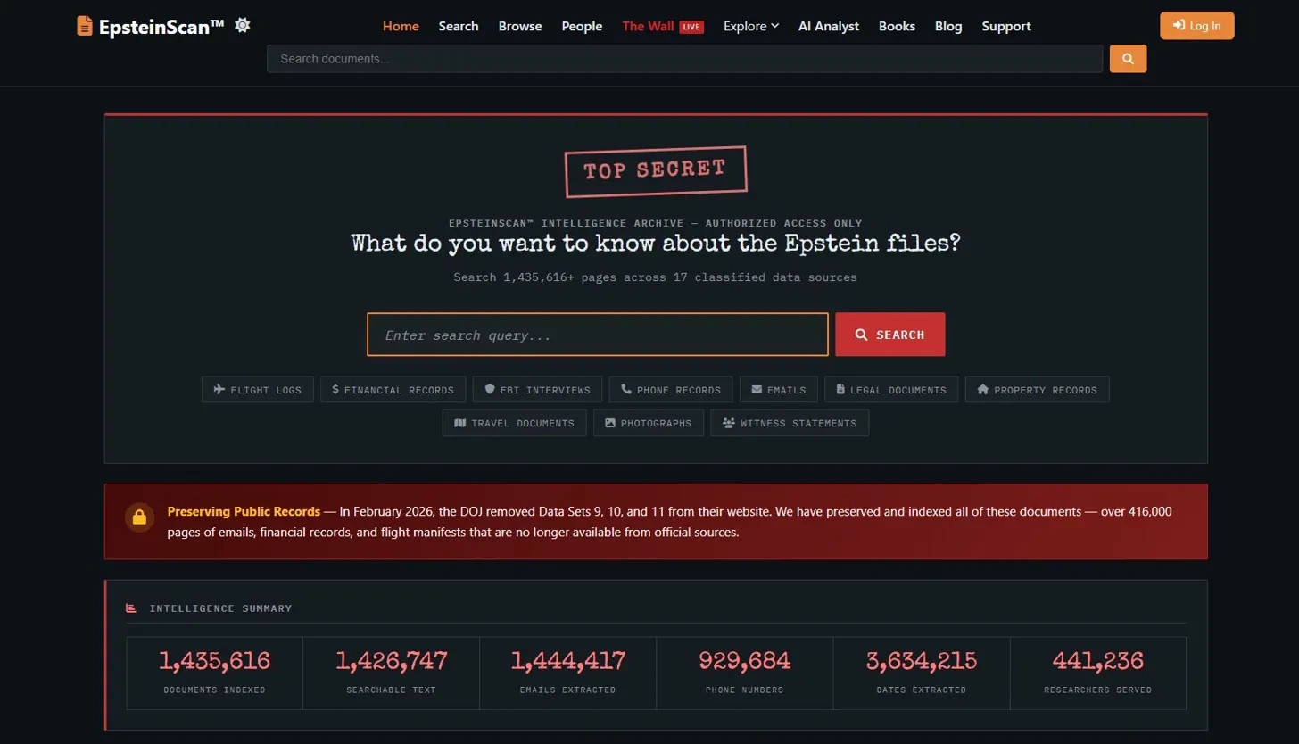 For Sale: EpsteinScan.org – 1.4M Document Search Engine Website | 441K+ Visitors