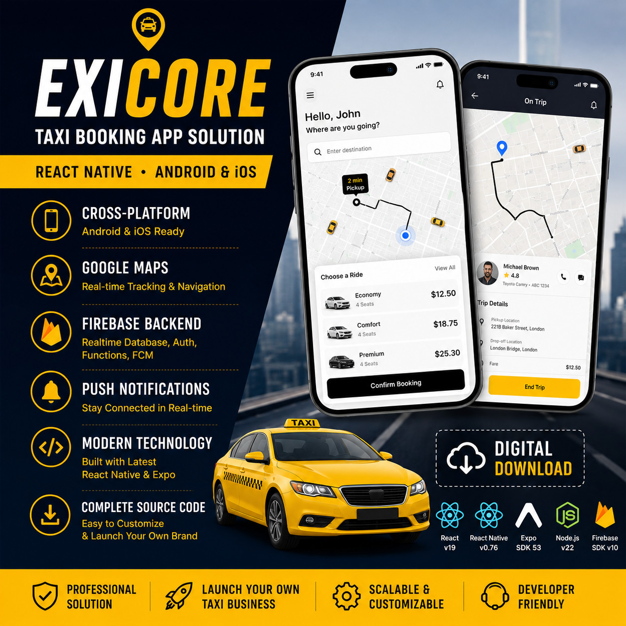Exicore Taxi Mobile App | React Native Ride Booking Solution | Android & iOS