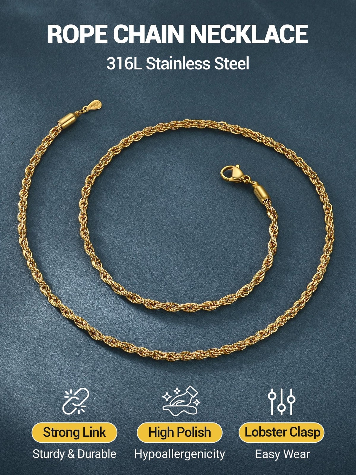 PROSTEEL 3mm/6mm Rope Chain Necklace for Men, Black/Gold Plated Mens Chain Ne…