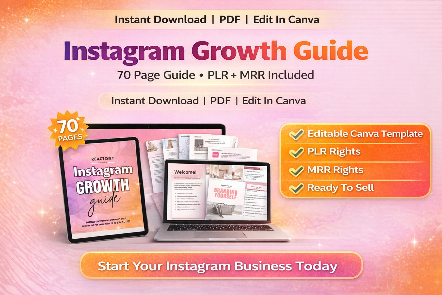 Instagram Growth Guide PLR MRR, Editable Canva Template, DFY Digital Product