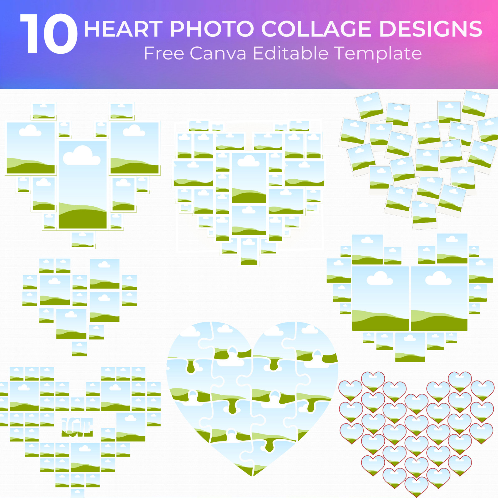10 Heart Photo Collage Canva Templates, Valentine’s Day Heart Frames