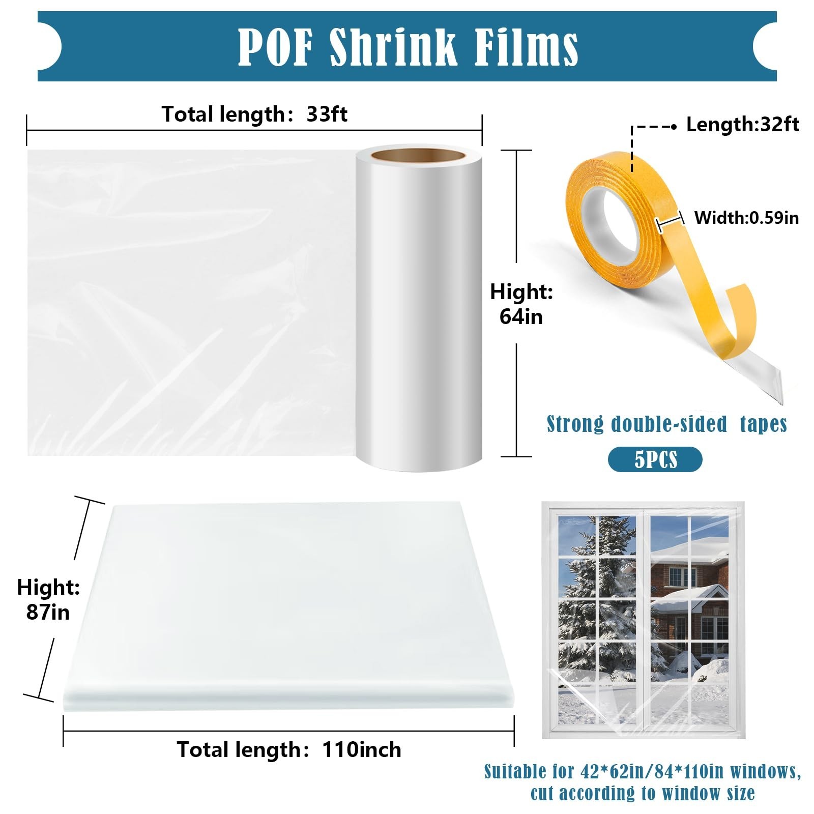 Window Insulation Kit, 63 × 394″ and 87 × 110″Plastic Window Coverings