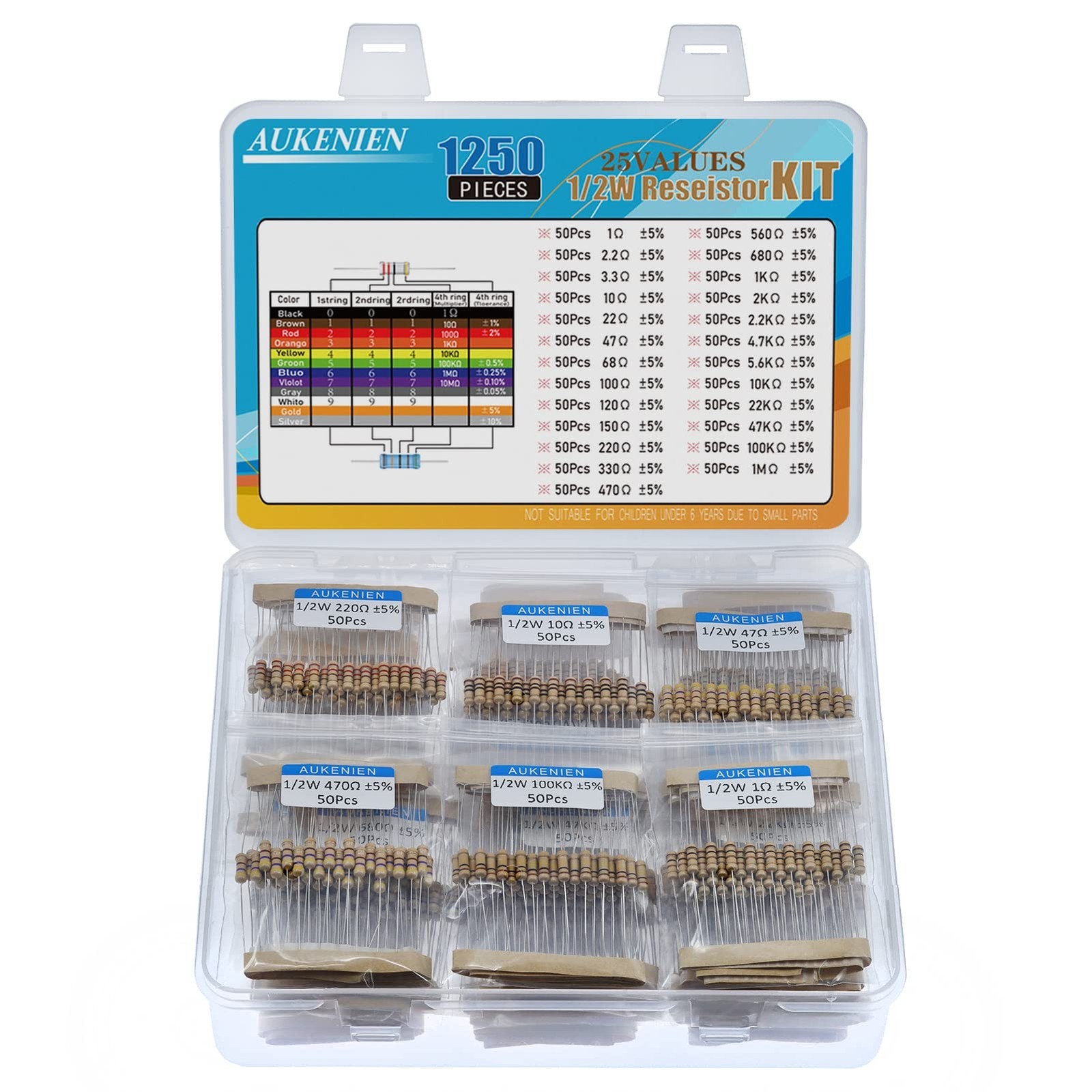 AUKENIEN 1250pcs 25 Values 1/2W Carbon Film Resistor Assortment Kit 1 2.2 3.3…