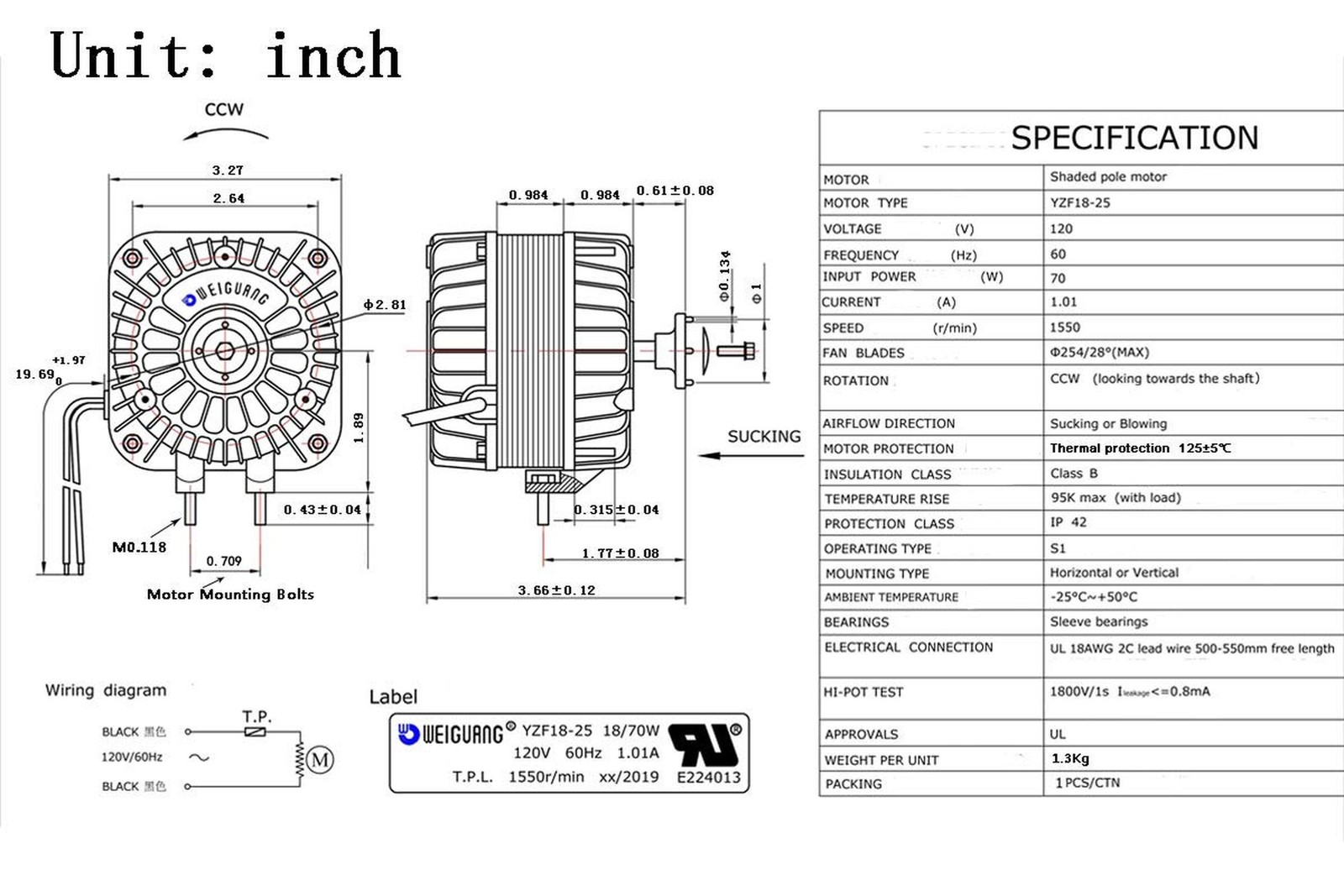 YZF18-25 Electric Fan Shaded Pole Motor 120V 60Hz 1.01A 18W AC Fan Motor for …