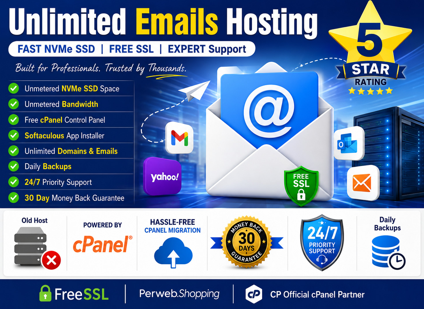 Unlimited Emails Hosting – 💼 SSD Power + SSL + Unlimited Accounts | $14.99/Year