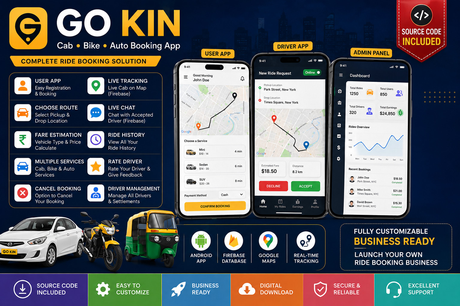 GoKin Cab & Bike Booking App | Android Project with Admin Panel | Android Studio