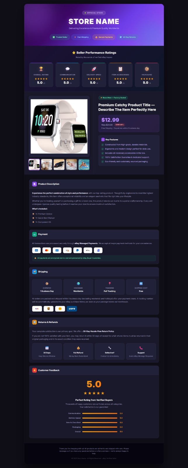Custom 2026 eBay Storefront HTML listing template design